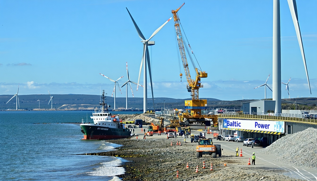 A coastal scene featuring a modern offshore wind farm, with sleek, towering wind turbines spinning gracefully against a clear blue sky. In the foregro