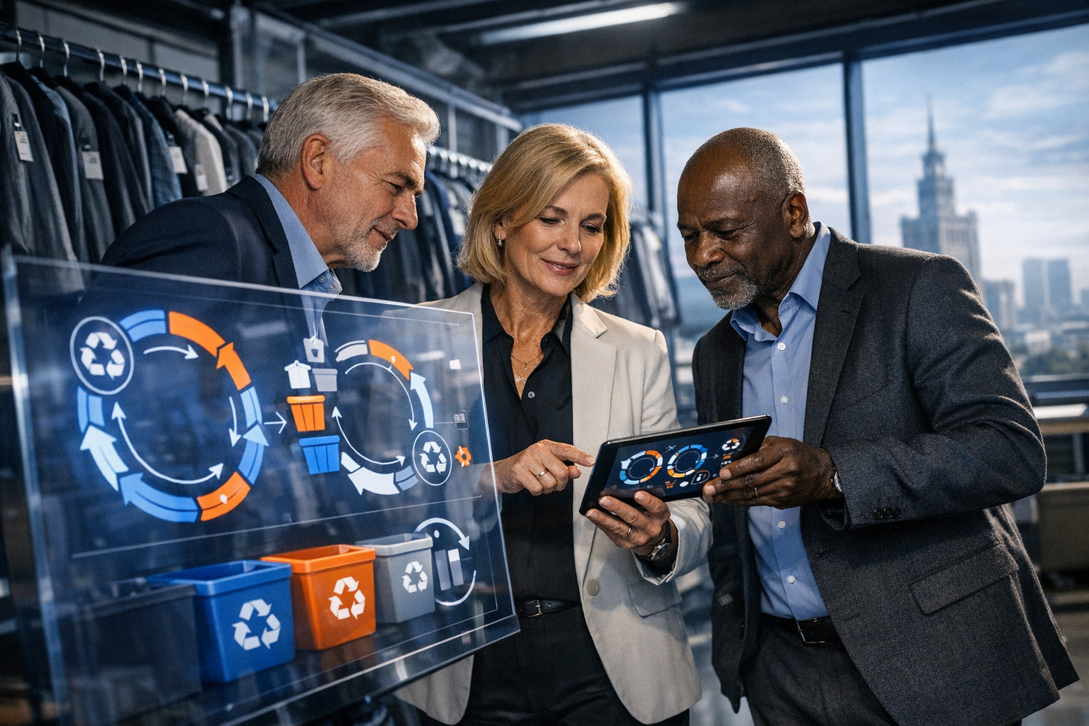 Here’s a photorealistic corporate reportage scene with three senior professionals reviewing a transparent circular-flow dashboard in a modern Warsaw f