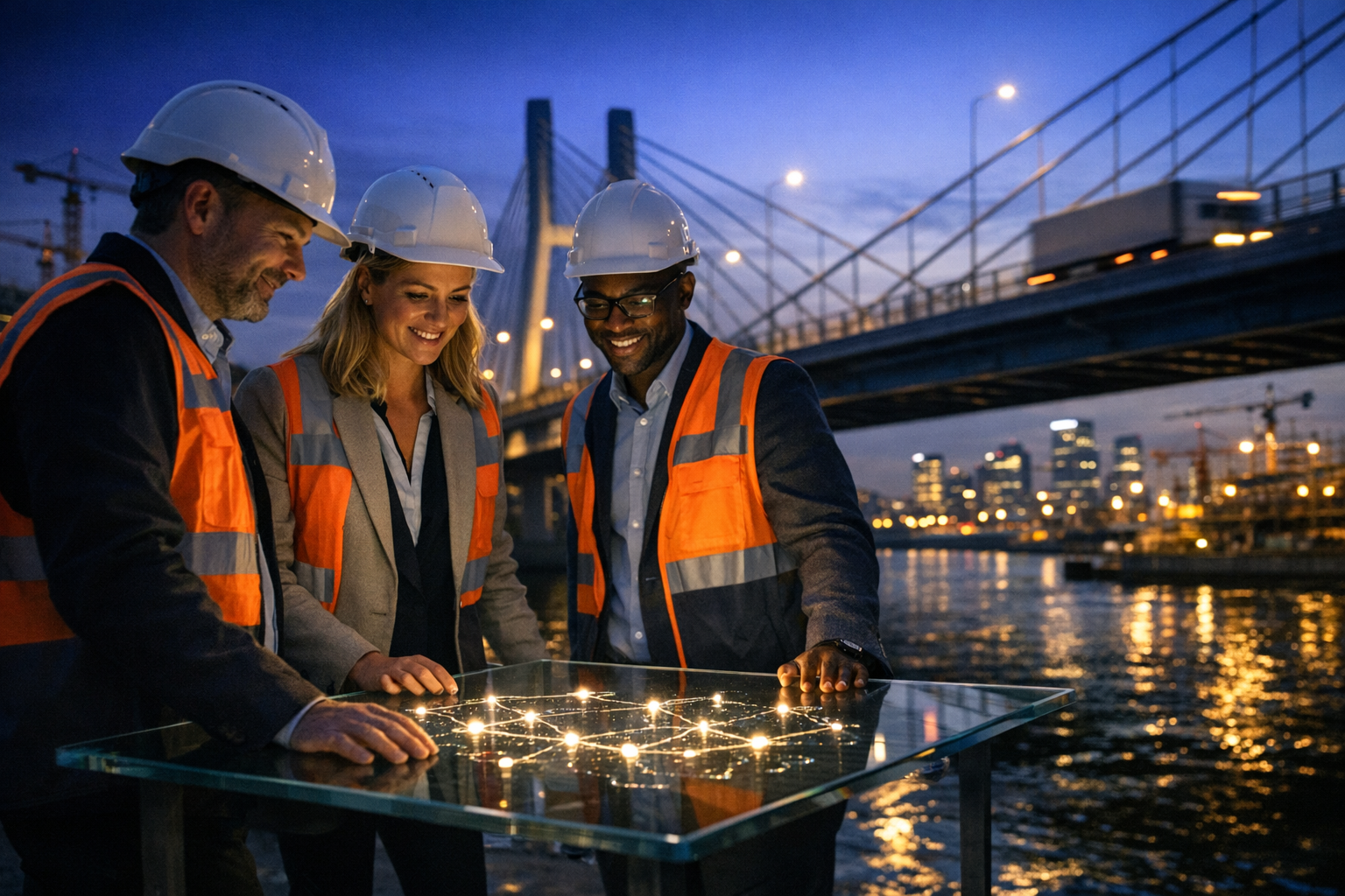Here’s a photorealistic dusk scene with an inclusive team reviewing a glowing network map on a glass table beside a bridge, with cranes, scaffolding, 